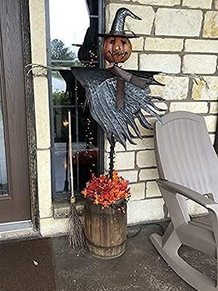 BE-STRONG Halloween Scarecrow Jack Lantern Decoration, 48.75 x 12 x 67.5 in, Metal + Resin - B09D3C7BZ3