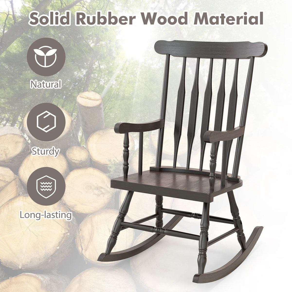 Costway Rubber Wood Rocking Chair, White, 22 x 32 x 44 in, 300 lbs