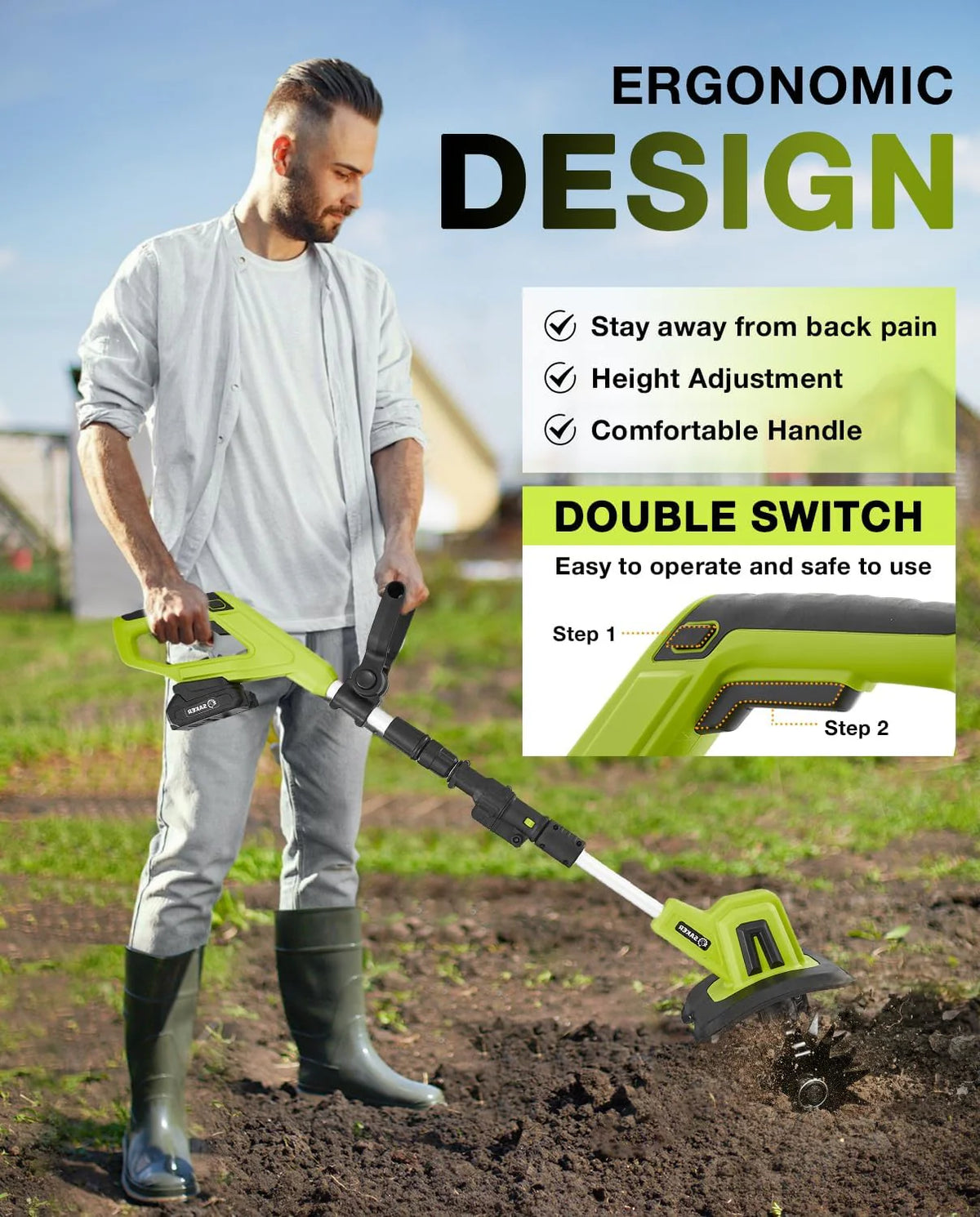Saker 22V Cordless Electric Garden Tiller Cultivator, 9-Inch Width, 6.3-Inch Depth, 2 Batteries - SK-TC18B