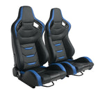 Universal Racing Bucket Seats, Pair With Dual Lock Sliders, Black With Blue PVC Leather, 36.6 x 21.6 x 21.6 in
