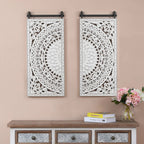 Set Of 2 Distressed Ivory White Wood Flower Wall Art With Black Accents - 33.1in H x 14.6in W