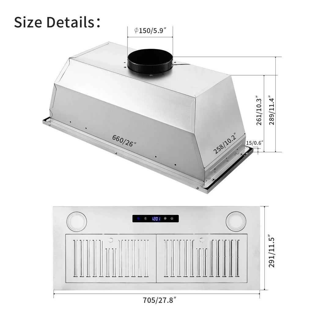 30 Inch Built-In Range Hood 800 CFM 3-Speed Touch Control
