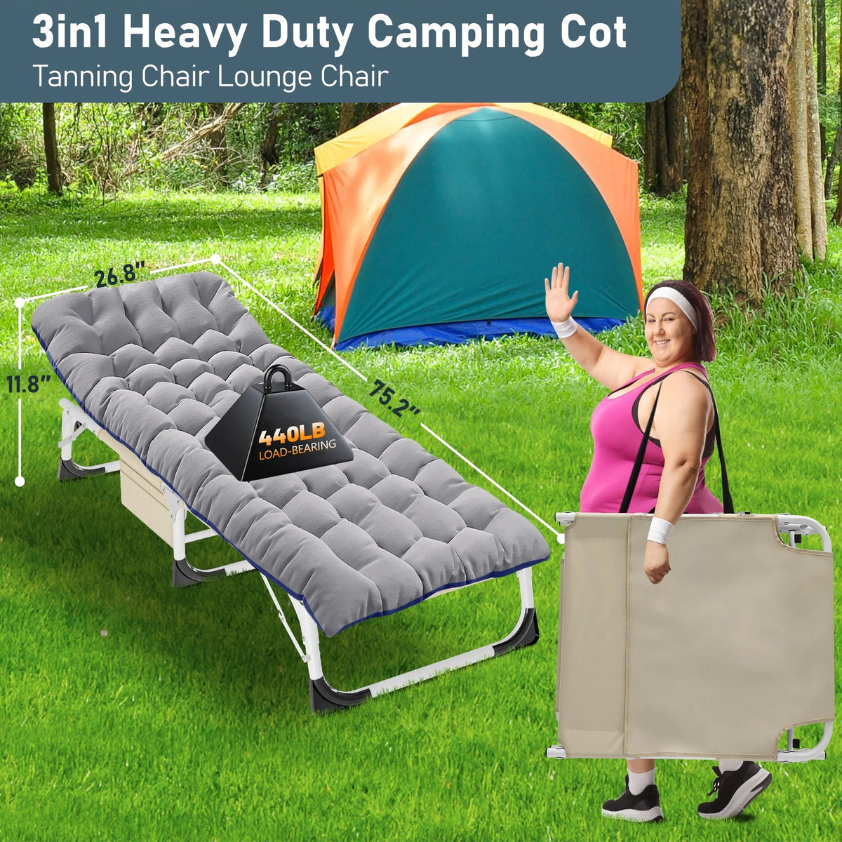 Slsy 5-Position Adjustable Folding Lounge Chair And Cot - 75.2" x 25.6" x 11.8"