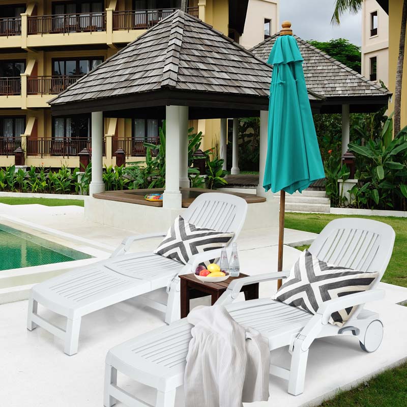 Folding Plastic Outdoor Chaise Lounge Chair With Wheels, 6-Position, 65.5 x 29 x 16.5-37 in, 330 lbs