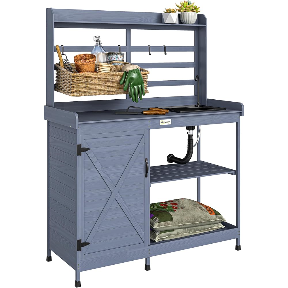 Outsunny Outdoor Wooden Potting Bench Table With Sink And Water Tap - Gray