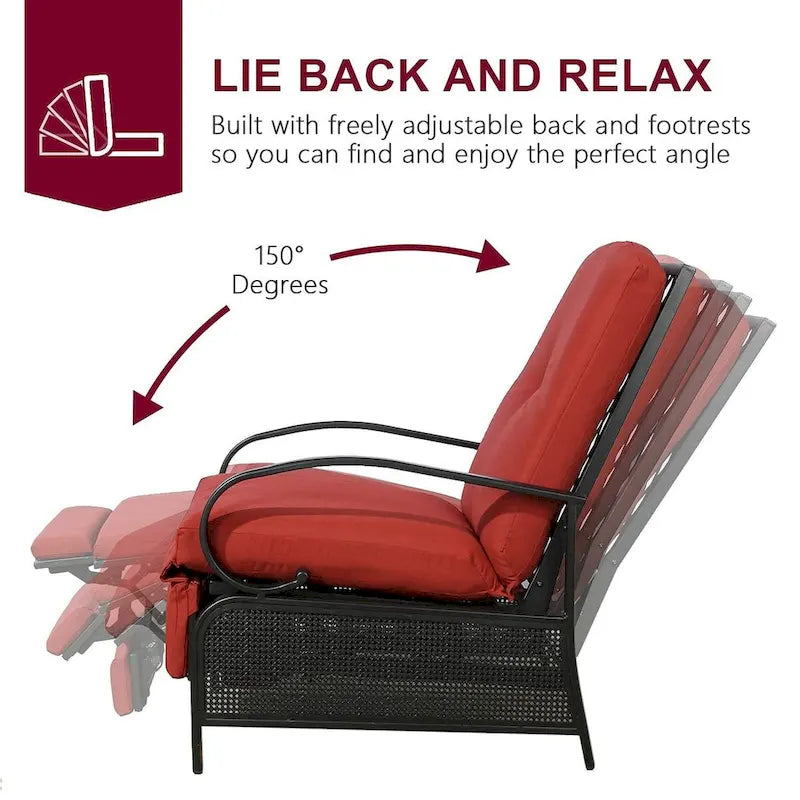 Adjustable Patio Recliner Lounge Chair With Cushion, 300 lbs - 38 (D) x 26.5 (W) x 38.5 (H) Inches