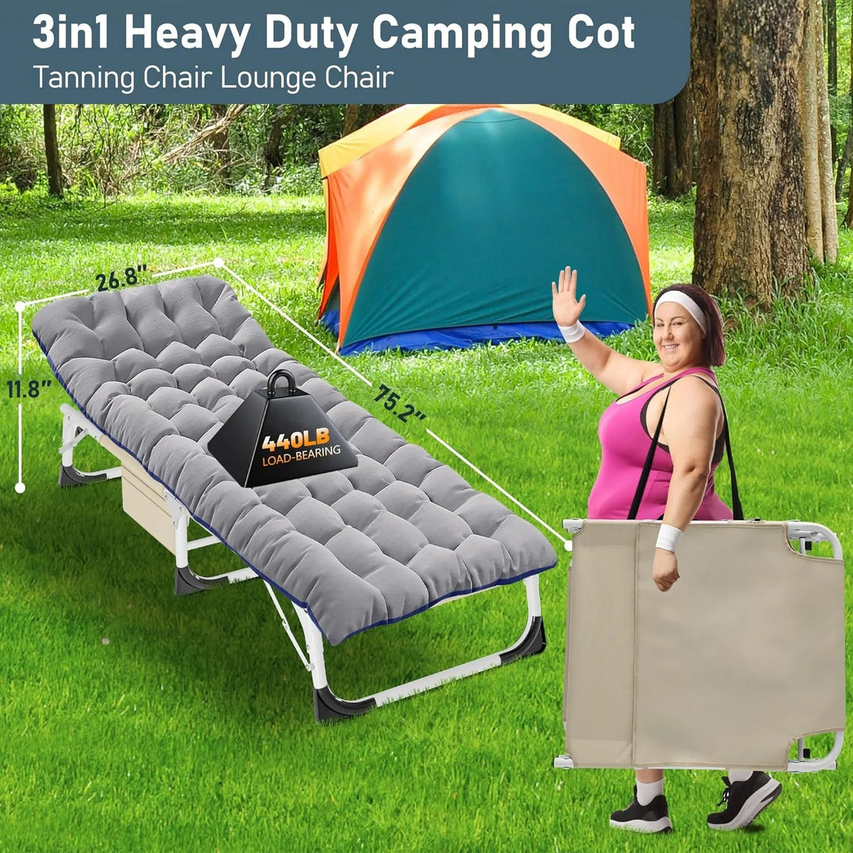 Slsy 5-Position Adjustable Folding Lounge Chair And Cot - 75.2" x 25.6" x 11.8"