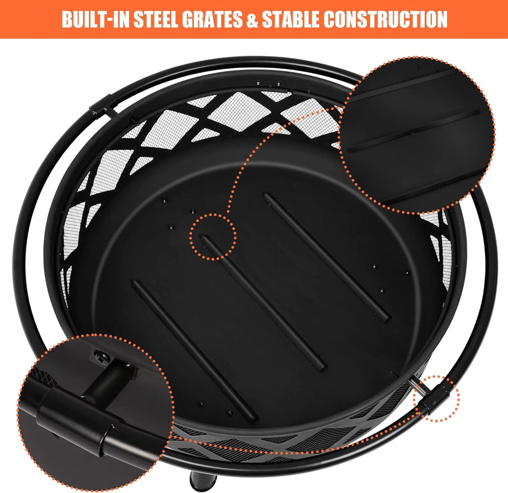 SUNCREAT 42-Inch Wood Burning Patio Fire Pit, Black, 42.1 Inch Diameter x 25.2 Inch High