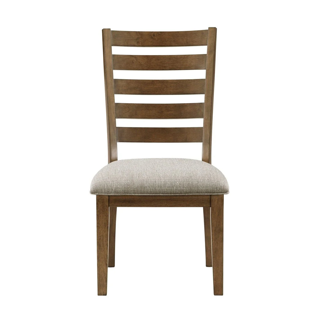 Ladder Back Wooden Dining Side Chairs, Cherry Finish, Beige Textured Fabric Upholstery, Set Of 2pc