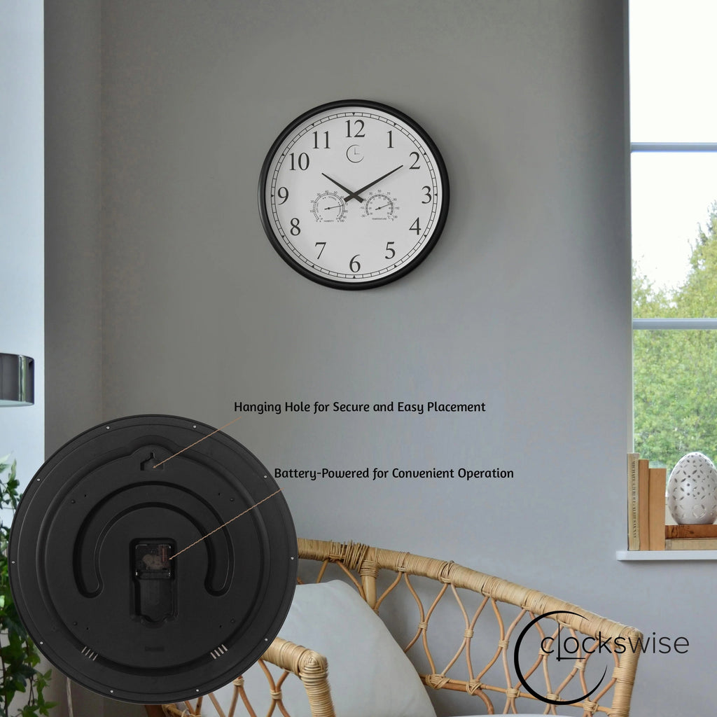 Outdoor Wall Clock With Thermometer And Hygrometer, 24-Inch, Black