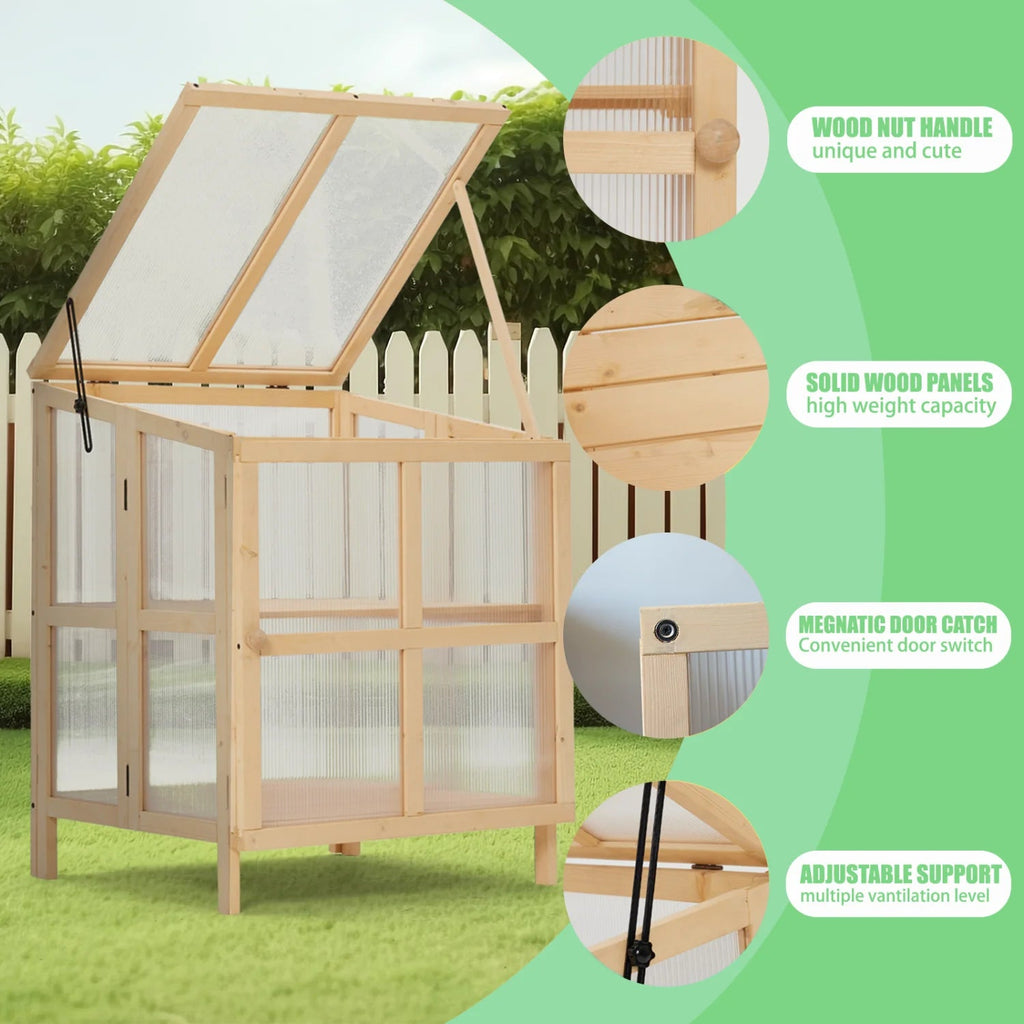 Youmumeub Wooden Cold Frame Greenhouse With 2-Tier Raised Garden Planter And Polycarbonate Panels - Foldable, Natural Wood