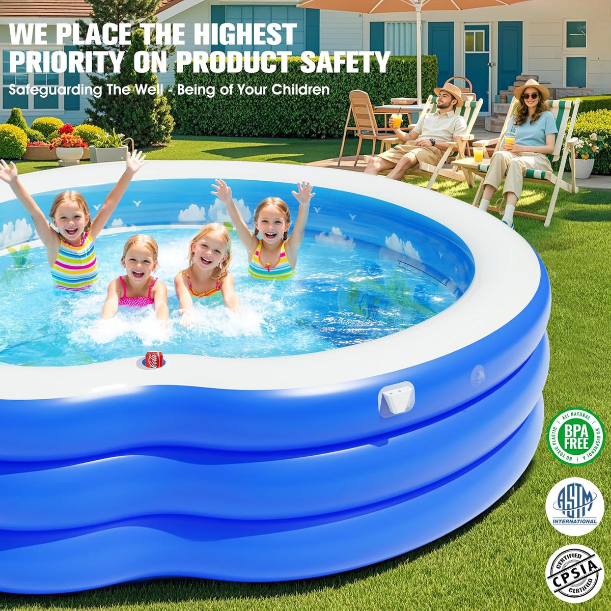 Inflatable Family Lounge Pool With Canopy, Bench And Backrest, 92in x 92in x 26in - Blue