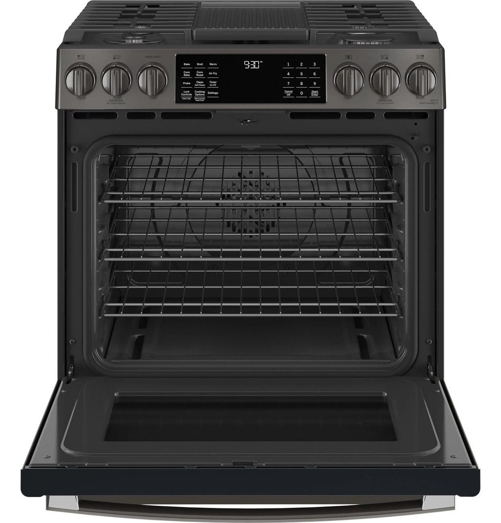 GE APPLIANCES Profile 30in Smart Slide-In Front-Control Gas Range, Black Stainless - PGS930BPTS