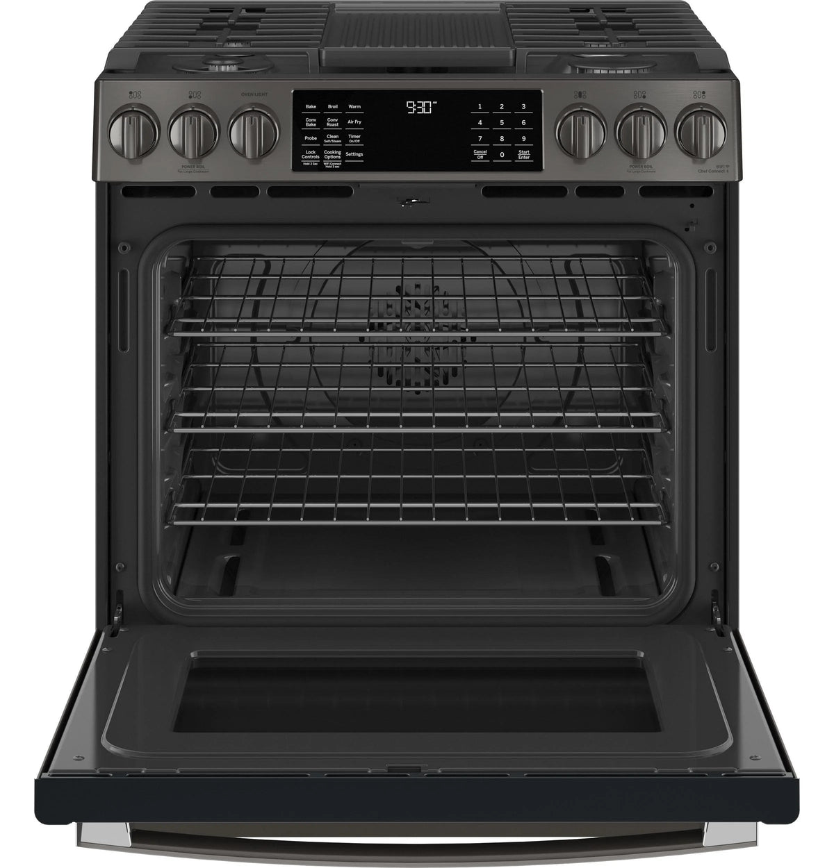 GE APPLIANCES Profile 30in Smart Slide-In Front-Control Gas Range, Black Stainless - PGS930BPTS