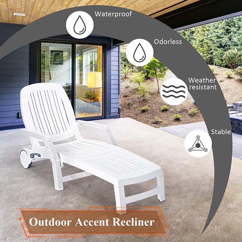 Folding Plastic Outdoor Chaise Lounge Chair With Wheels, 6-Position, 65.5 x 29 x 16.5-37 in, 330 lbs
