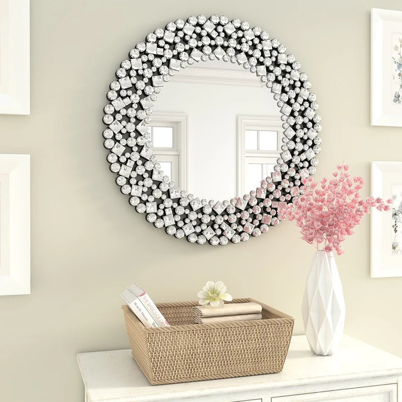 Round Crystal Accent Decorative Wall Mirror - 18/24/34 in