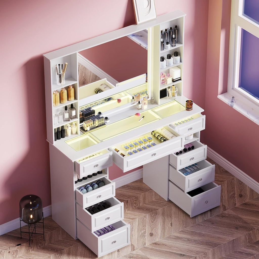Vanity Desk With Mirror And Lights, Glass Top, 9 Drawers, White