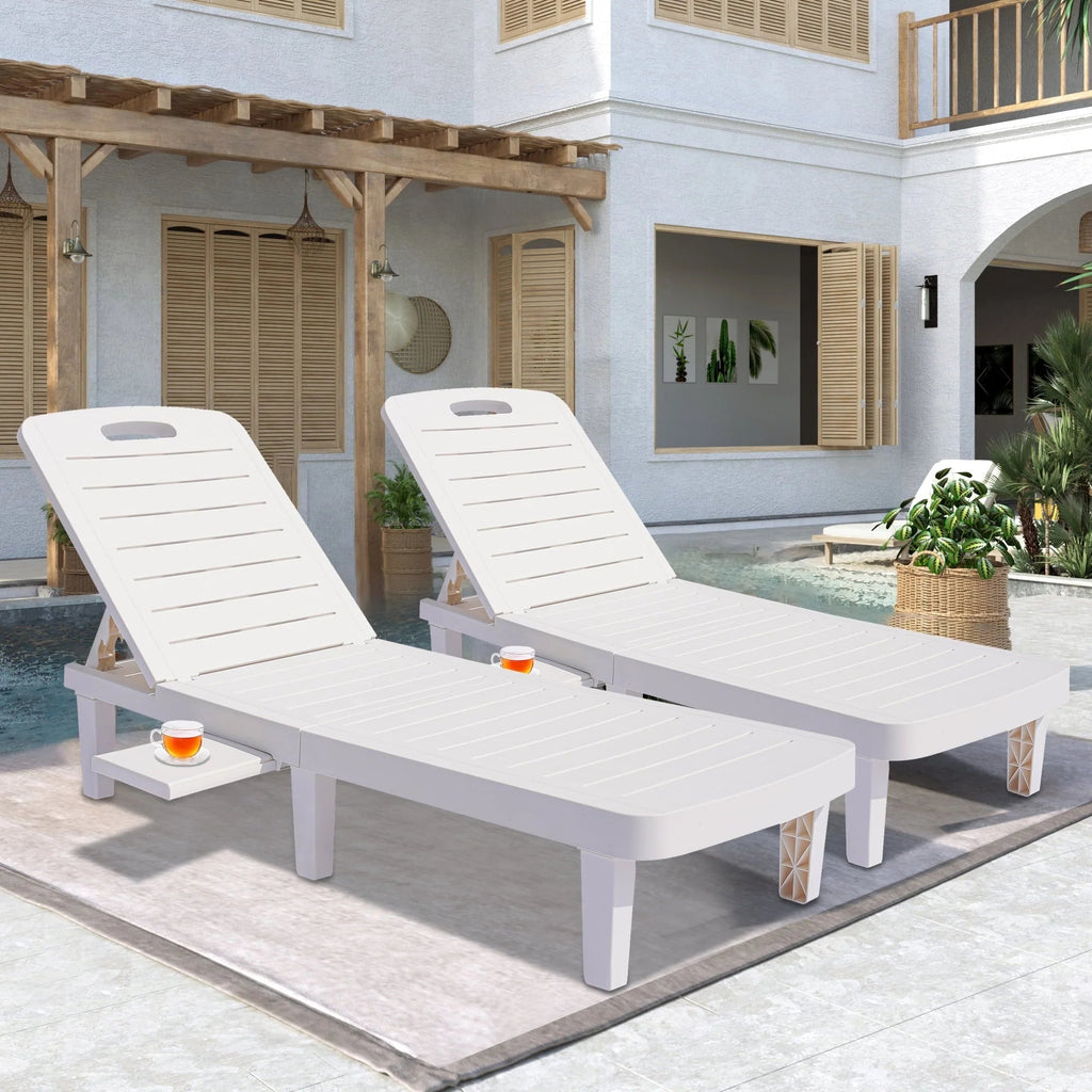 Outdoor Adjustable Patio Lounge Chair Set Of 2 With Side Table, White - 74.5 x 24.4 x 30 inch
