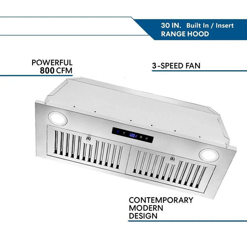 30 Inch Built-In Range Hood 800 CFM 3-Speed Touch Control