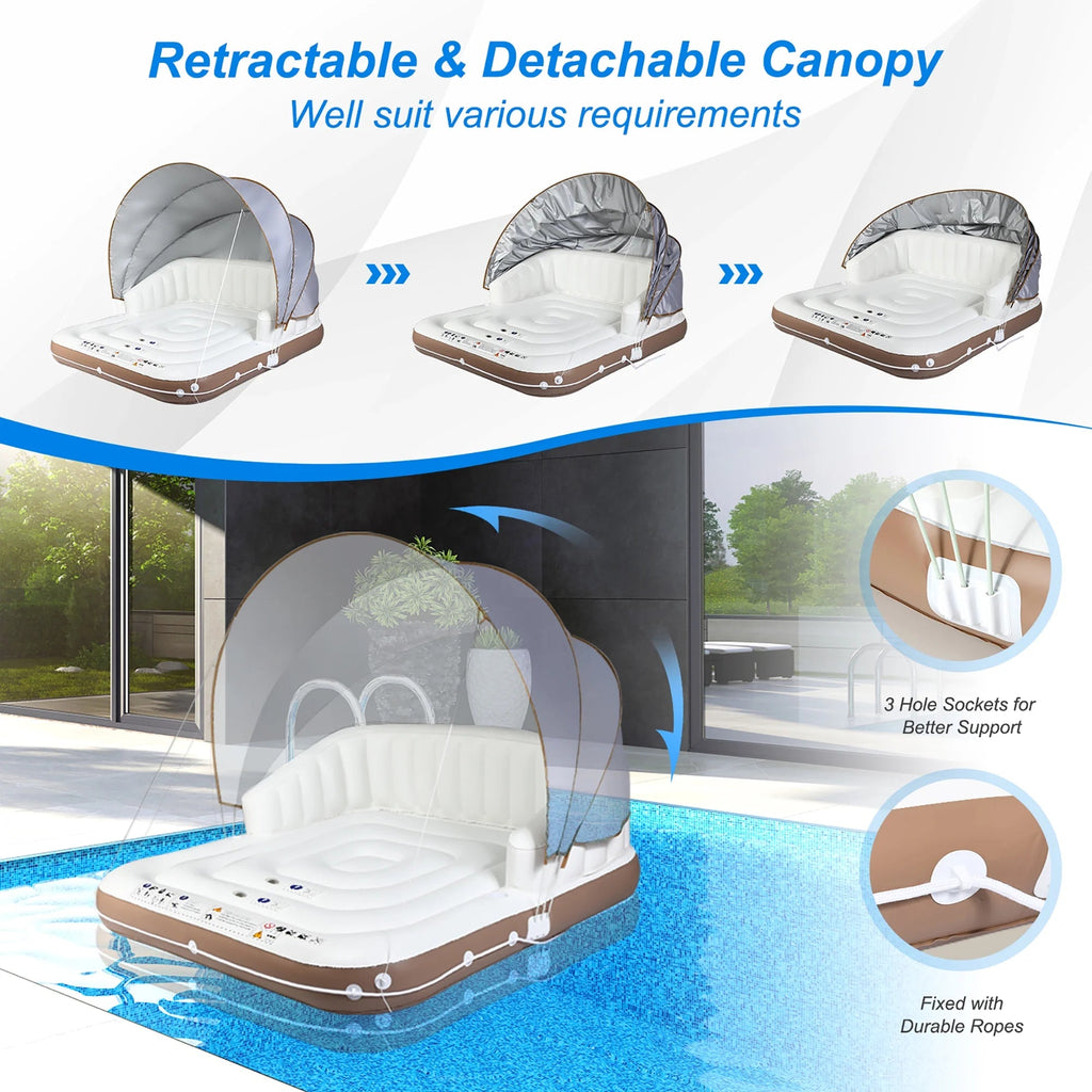 Costway Canopy Inflatable Pool Float Lounge, 71'' x 71'' x 63'' - White Brown Silver