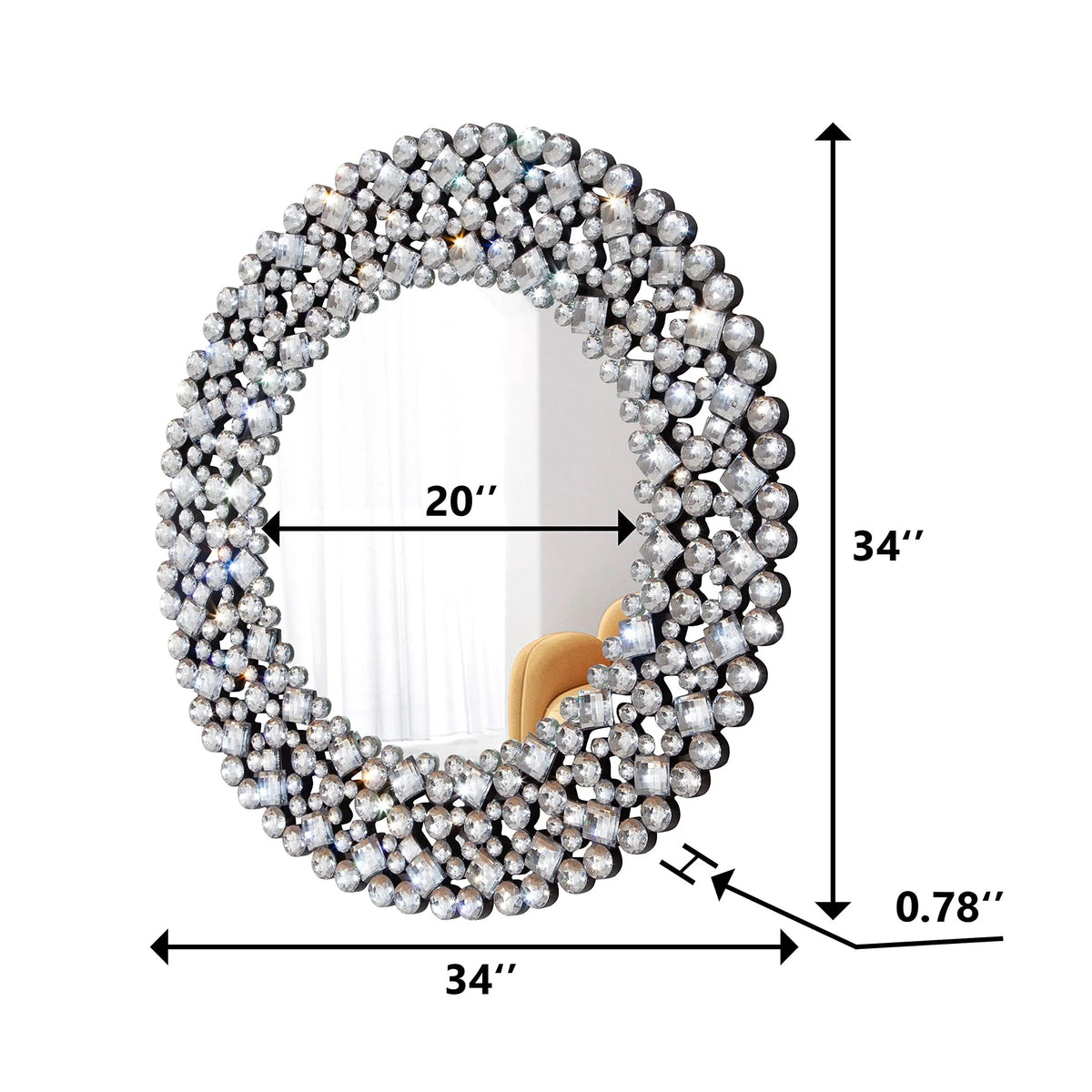 Round Crystal Accent Decorative Wall Mirror - 18/24/34 in