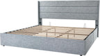 Queen Size Lift-Up Storage Bed With Wingback Headboard, Upholstered Platform Bed Frame With Hidden Storage