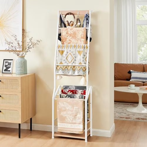 Pinzoveco 7-Tier Blanket Ladder Shelf With 4 Hooks, 5.5 ft / 18.1 x 12.6 x 66.2 in