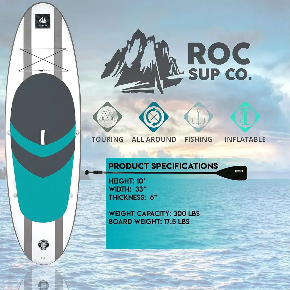 ROC Inflatable Stand-Up Paddle Board With Anti-Slip Comfortable Deck